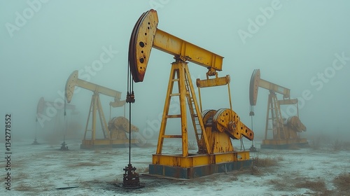 Crude oil extraction by nodding donkey pumps in a fog-laden landscape highlights environmental concerns and evolving energy production