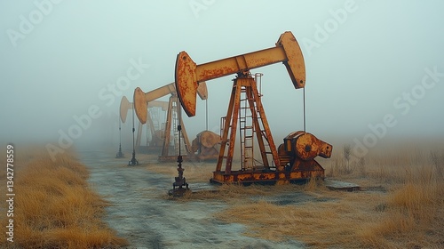 Crude oil extraction by nodding donkey pumps in a fog-laden landscape highlights environmental concerns and evolving energy production