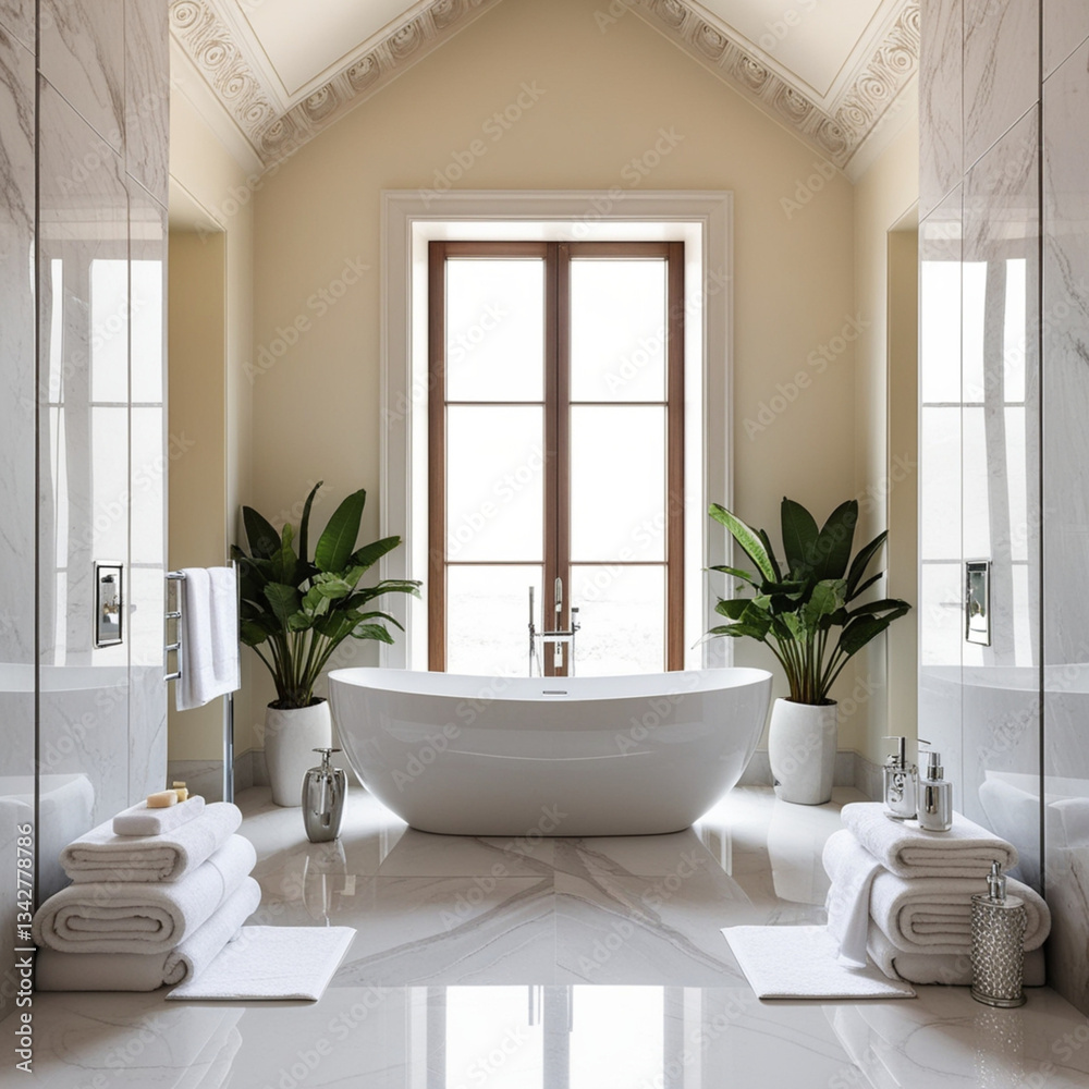 Fototapeta premium Stylish bathroom interior design with marble panels. Bathtub, towels and other personal bathroom accessories. Modern glamour interior concept. Roof window