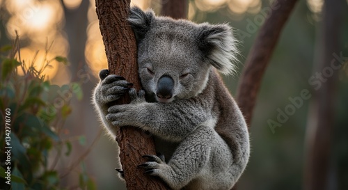 Sleeping Koala Bear Hugging a Tree Branch in Natural Habitat