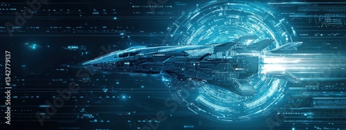 Futuristic Spaceship in Blazing Speed Through Digital Universe