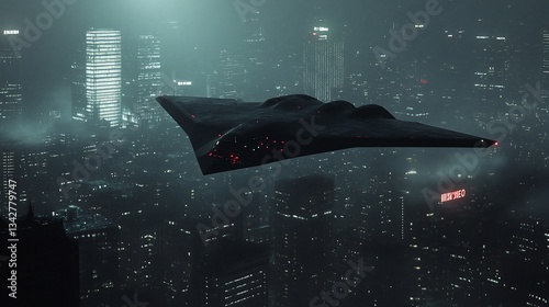 Stealth Bomber Silently Gliding Over a Futuristic Cityscape at Night