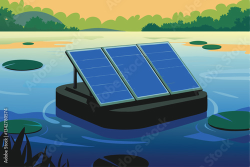 A vast solar panel array, efficiently arranged on a buoyant platform, gently bobbing on the tranquil waters of a Los Angeles bay.