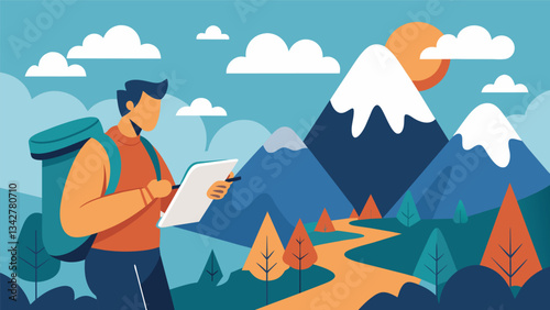A man hikes to a quiet spot in the mountains using the stunning scenery as inspiration for the emotional and evocative poetry he writes.. Vector illustration