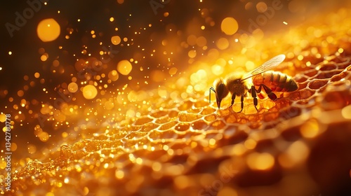 Golden light bathes a honeycomb where numerous bees diligently work, showcasing honey production and apitherapy's benefits