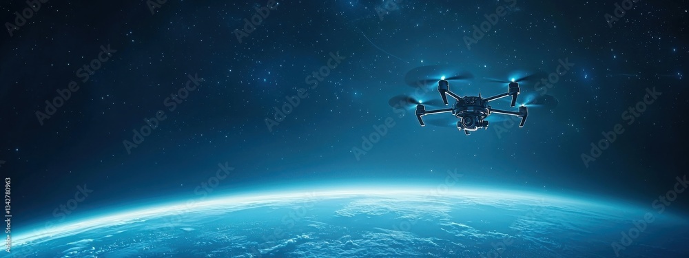 Fototapeta premium Aerial View of Drone Flying Over Earth in Cosmic Space Environment