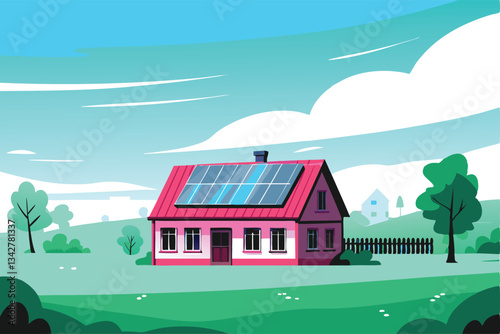 A picturesque solar-powered house, showcasing rooftop solar panels, nestled within a lush green landscape.