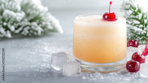 Festive winter cocktail.  A creamy, peach-toned drink, garnished with a maraschino cherry, sits amidst ice cubes and snowy pine sprigs