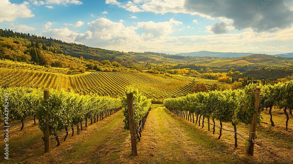 Fototapeta premium Bountiful Vineyard Harvest in the Picturesque Tuscan Countryside Landscape, Capturing the Essence of Rich Tradition and Natural Beauty