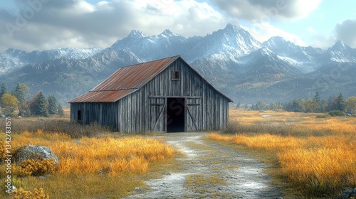 Rustic Barn in Majestic Mountain Landscape: A Serene Autumn Scene