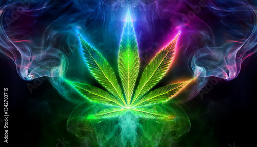 A bright marijuana leaf shines through colorful smoke, creating a psychedelic and artistic display