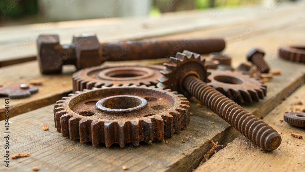 Rusty metal gears and bolts scattered on a wooden workbench, symbolizing mechanical wear and repair, industrial maintenance, and vintage machinery concepts. Rusty metal gears and bolts scattered on a wooden workbench, symbolizing mechanical wear and repair, industrial maintenance, and vintage machinery concepts.