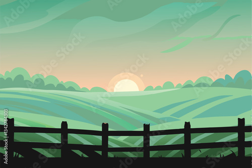 Golden sunrise paints rolling green hills of a picturesque farm, showcasing idyllic rural landscape with misty dawn light.