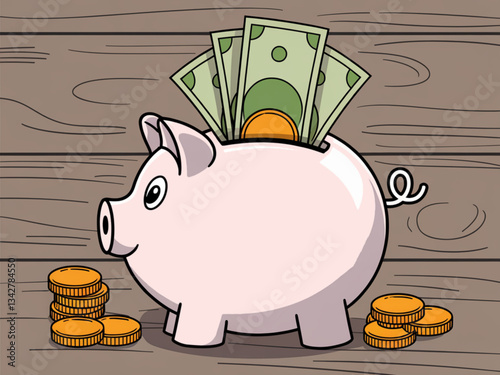 Cartoon piggy bank full of dollar bills and gold coins on wooden background
