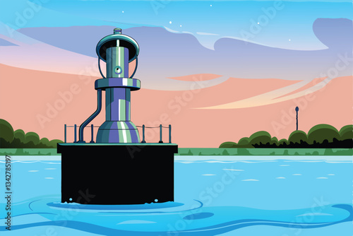 A vibrant sunset reflects on a sophisticated tidal energy system, showcasing underwater turbines and surface buoys.  Detailed and realistic rendering.