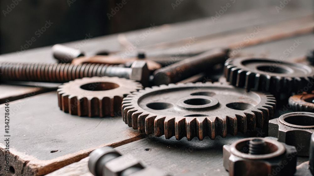 Rusty metal gears and bolts scattered on a wooden workbench, symbolizing mechanical wear and repair, industrial maintenance, and vintage machinery concepts. Rusty metal gears and bolts scattered on a wooden workbench, symbolizing mechanical wear and repair, industrial maintenance, and vintage machinery concepts.