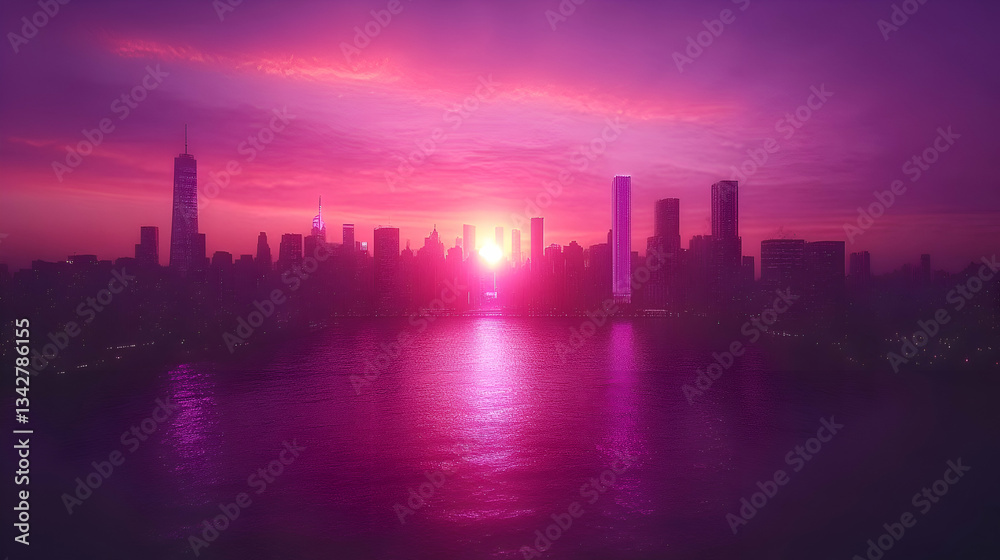 Fototapeta premium Vibrant Purple and Pink Cityscape Skyline Reflecting on Water at Sunset Featuring Modern Buildings and Skyscrapers with Panoramic Scenic Glow