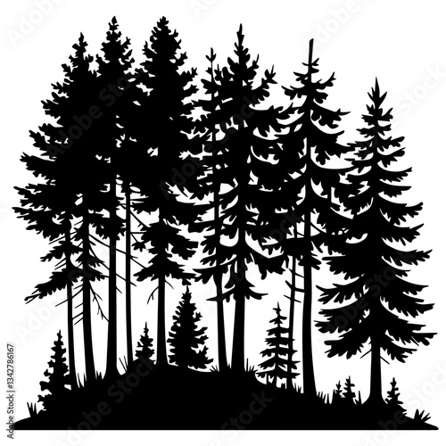 A black silhouette illustration of a dense evergreen forest with tall pine trees on uneven ground. The design emphasizes nature, wilderness, and woodland scenery.