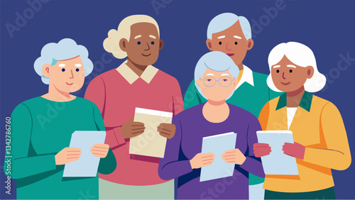 A group of active seniors organizing a letter writing campaign to the local government demanding for stricter regulations on elder abuse and neglect.. Vector illustration