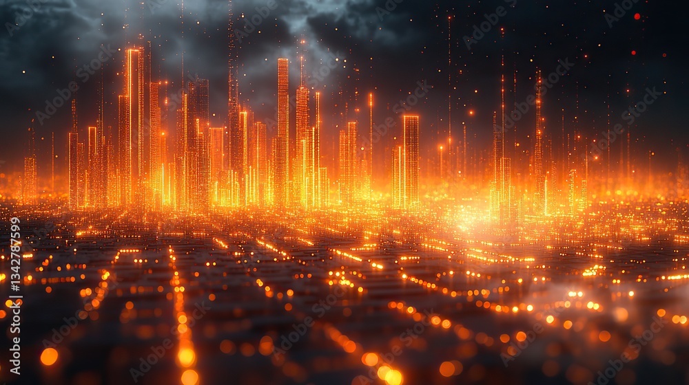 Fototapeta premium Orange lights illuminate a futuristic city, a grid pattern defines the metropolis