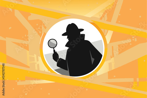 Design a vintage detective banner featuring a shadowy silhouette against a moonlit city backdrop. Include a gritty, film-noir style.