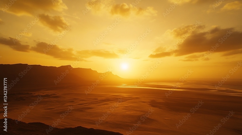 Fototapeta premium Golden Hour Landscape: Majestic Mountains and Desert Plains at Sunset