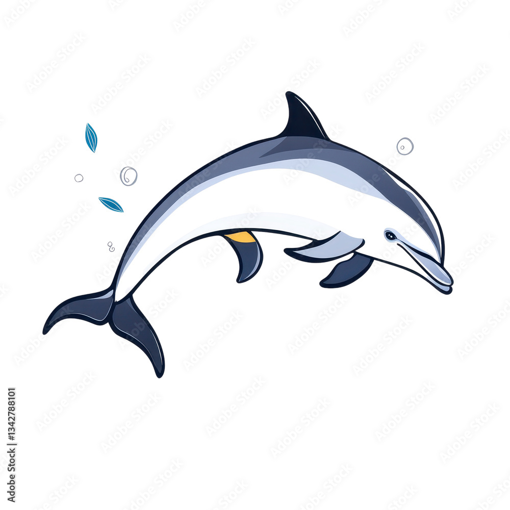 Obraz premium A stylized dolphin swimming gracefully, featuring smooth lines and gentle curves, with bubbles and water elements around it.