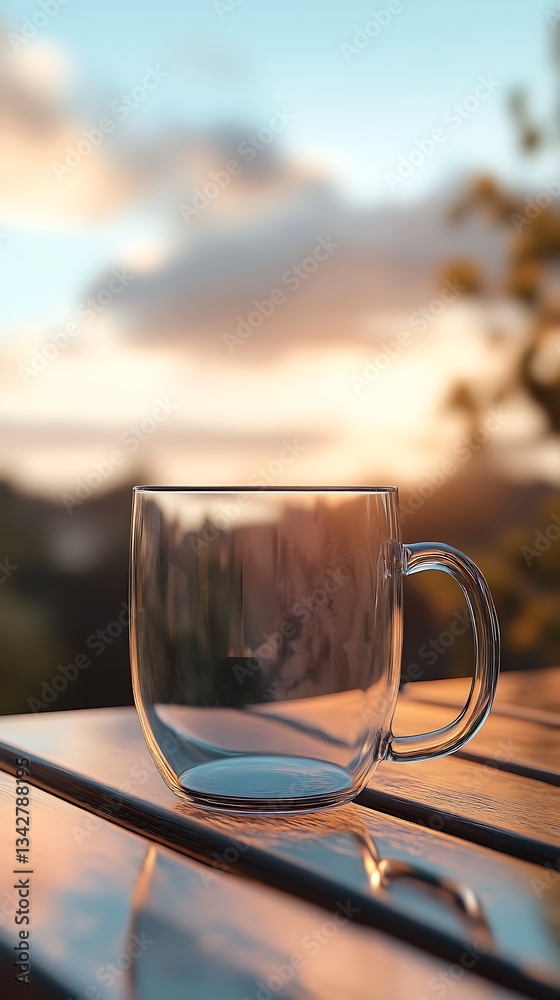 Obraz premium A clear glass cup sits on a table, with a serene sunset in the background.