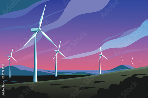 Vast desert wind farm; towering wind turbines silhouetted against a dramatic sunset, with rolling sand dunes in the background.