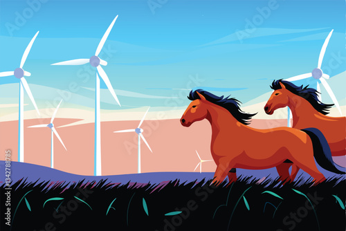 Majestic wind turbines dominate a high-altitude plateau, wild horses galloping freely amidst the towering structures.