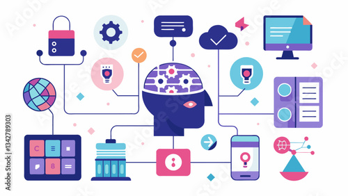 As numbers and images flash around it the AI entity eagerly processes data revealing patterns and connections that would take humans years to discover.. Vector illustration