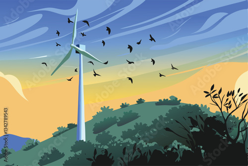 A majestic wind turbine atop a verdant hill, silhouetted against a vibrant sunset, with a flock of birds in dynamic flight.