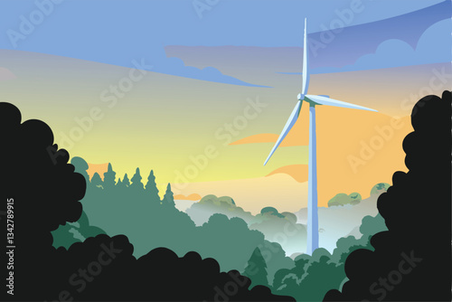 A majestic wind turbine gracefully spins amidst a swirling, foggy valley, showcasing vibrant autumnal colors.  Capture the serene beauty and power.