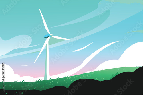 A majestic wind turbine gracefully spins atop a verdant hill, a clear blue sky providing a stunning backdrop.  A small, charming cottage is nestled nearby.