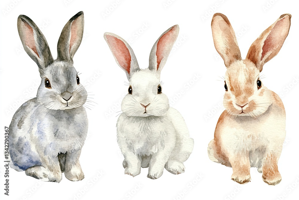 Set of watercolor fluffy rabbits hand drawn on a white background Set of watercolor fluffy rabbits hand drawn on a white background