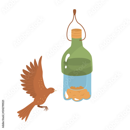 Bird feeder made from a plastic bottle with a bird flying to it. Feeding hungry birds. Helping wild animals. Nature conservation. Reusable waste. DIY craft. Vector illustration