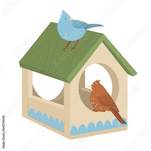 Bird feeder with bright birds. Feeding hungry birds. Helping wild animals. Nature conservation. Breeding chicks. Vector illustration isolated on transparent background.