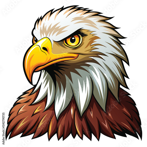Majestic bald eagle with dark brown body, pristine white head and tail feathers, perched majestically.