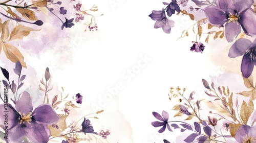 Fototapeta Naklejka Na Ścianę i Meble -  Purple and Gold Watercolor Floral Frame
