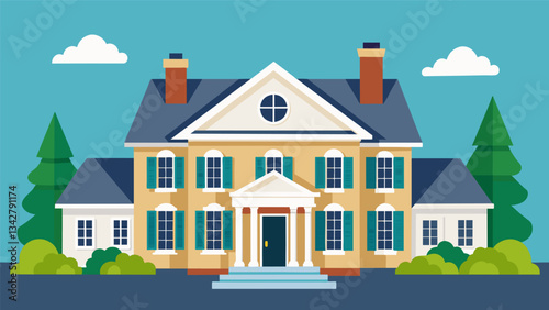 A grand colonialstyle home with a finished bat featuring a second kitchen living area and bedrooms making it ideal for multigenerational living.. Vector illustration