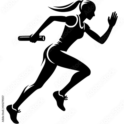 Sport emblem of female track and field athlete trains for team running with relay baton in monochrome. Engraving minimalistic vector in black ink drawing on transparent background