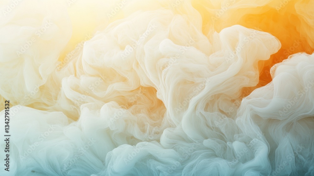 Fototapeta premium Swirling smoke in white and orange hues fills the background, creating a dreamy abstraction during early morning light