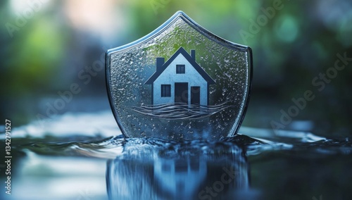 Protective shield over a house, symbolizing home insurance or flood protection, on water