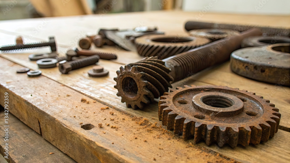 Rusty metal gears and bolts scattered on a wooden workbench, symbolizing mechanical wear and repair, industrial maintenance, and vintage machinery concepts. Rusty metal gears and bolts scattered on a wooden workbench, symbolizing mechanical wear and repair, industrial maintenance, and vintage machinery concepts.