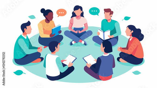 A group of individuals sitting in a circle engaging in a group coaching session where they support and motivate each other to gain personal clarity.. Vector illustration