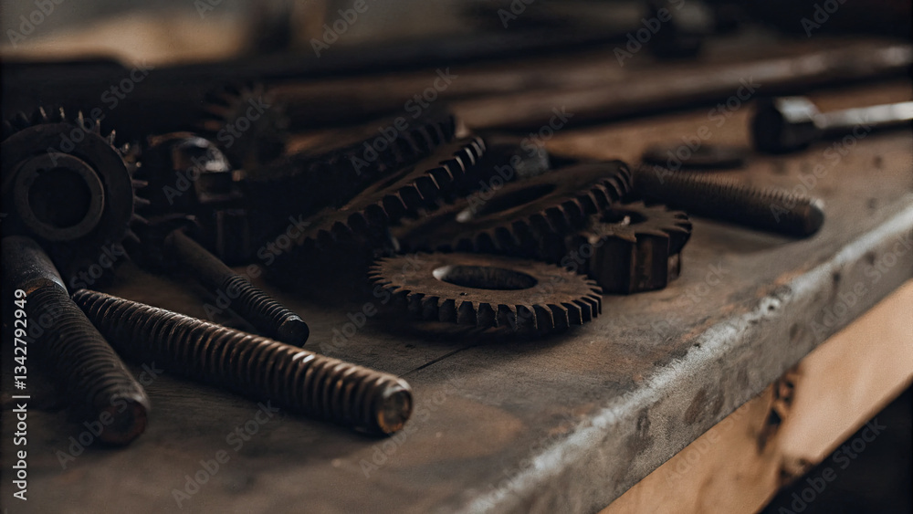 Rusty metal gears and bolts scattered on a wooden workbench, symbolizing mechanical wear and repair, industrial maintenance, and vintage machinery concepts. Rusty metal gears and bolts scattered on a wooden workbench, symbolizing mechanical wear and repair, industrial maintenance, and vintage machinery concepts.