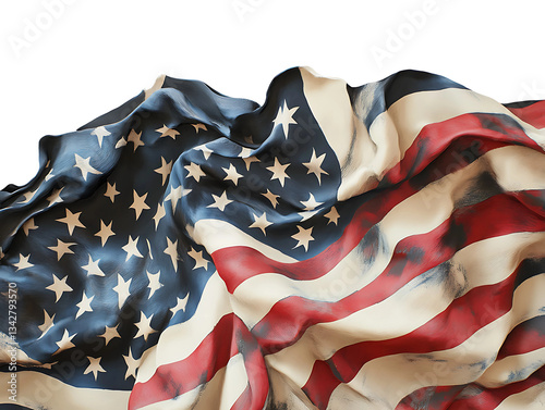 Close-Up of American Flag with Realistic Fabric Texture On Isolated White Background