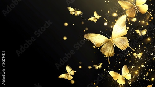 Gold Butterflies with Light Effect on Black Background, Elegant and Luxurious Design