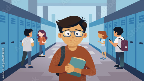 The hallways are bustling with students but the new boy in glasses feels alone as he clutches his schedule trying to navigate to his first class.. Vector illustration