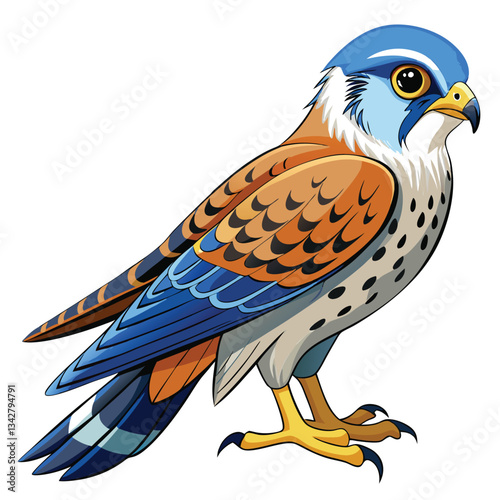 Close-up photo of a kestrel; rusty brown back, blue-grey wings, white underparts, sharp focus, natural setting.